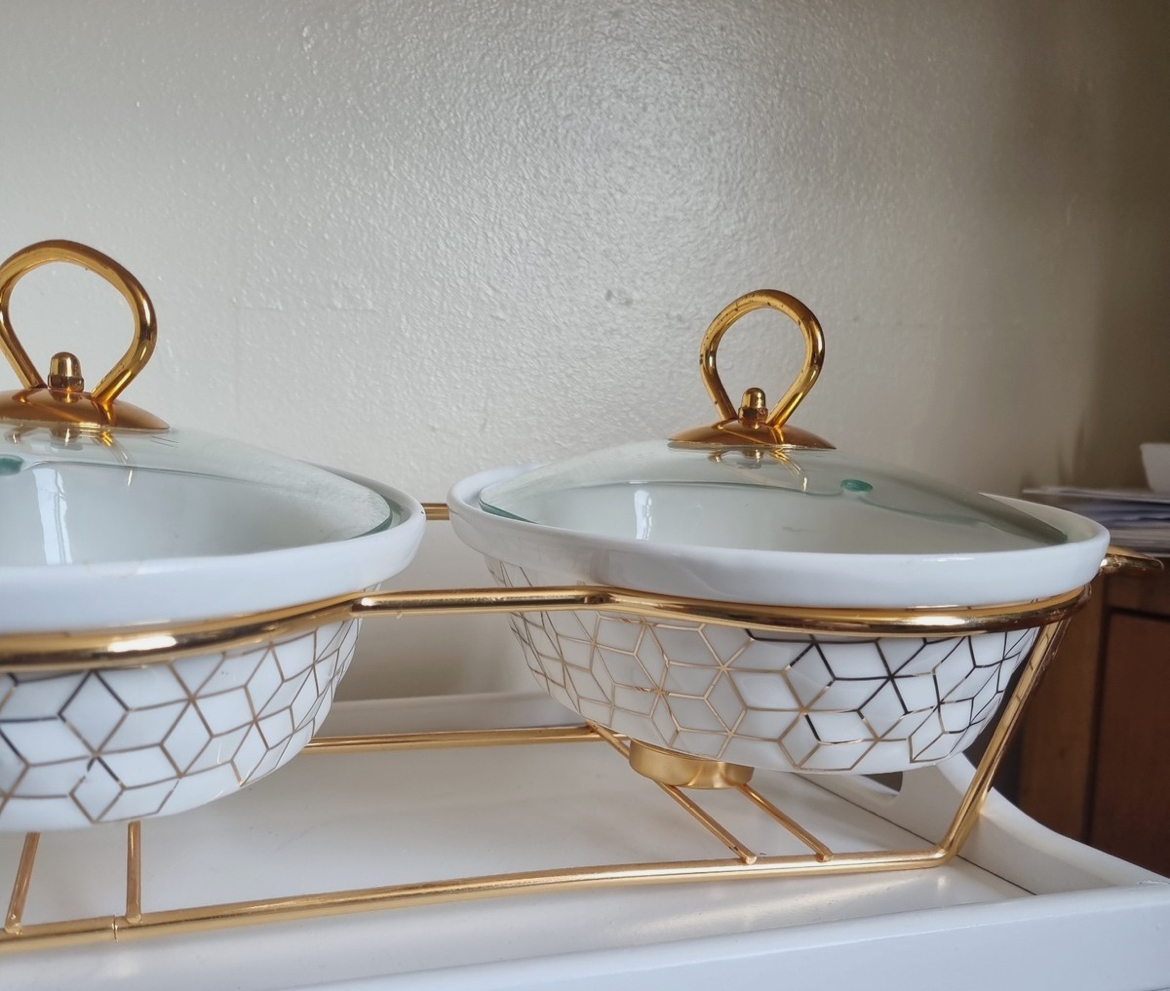 Maximan Porcelain x3 Chafing Dish White & Gold Ceramic Chafer Buffet Warmer. - Image 3