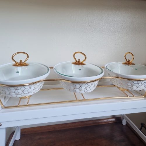 Maximan Porcelain x3 Chafing Dish White & Gold Ceramic Chafer Buffet Warmer.