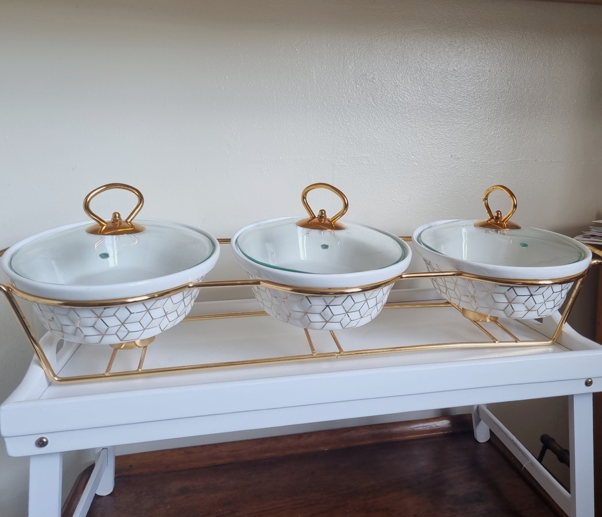 Maximan Porcelain x3 Chafing Dish White & Gold Ceramic Chafer Buffet Warmer.