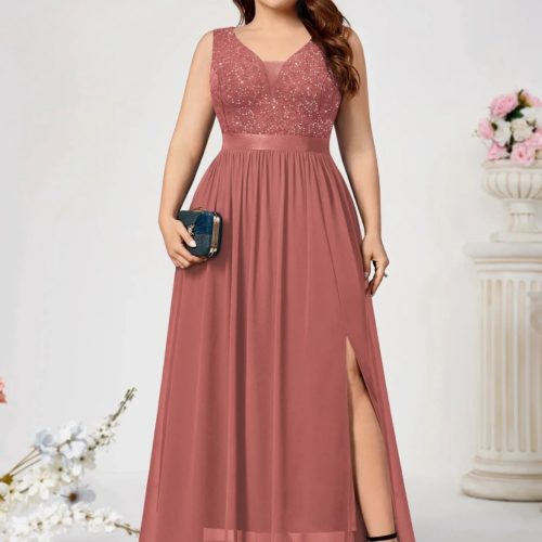 Deep V-Neck Sequin Floral Lace Maxi Sleeveless Dress