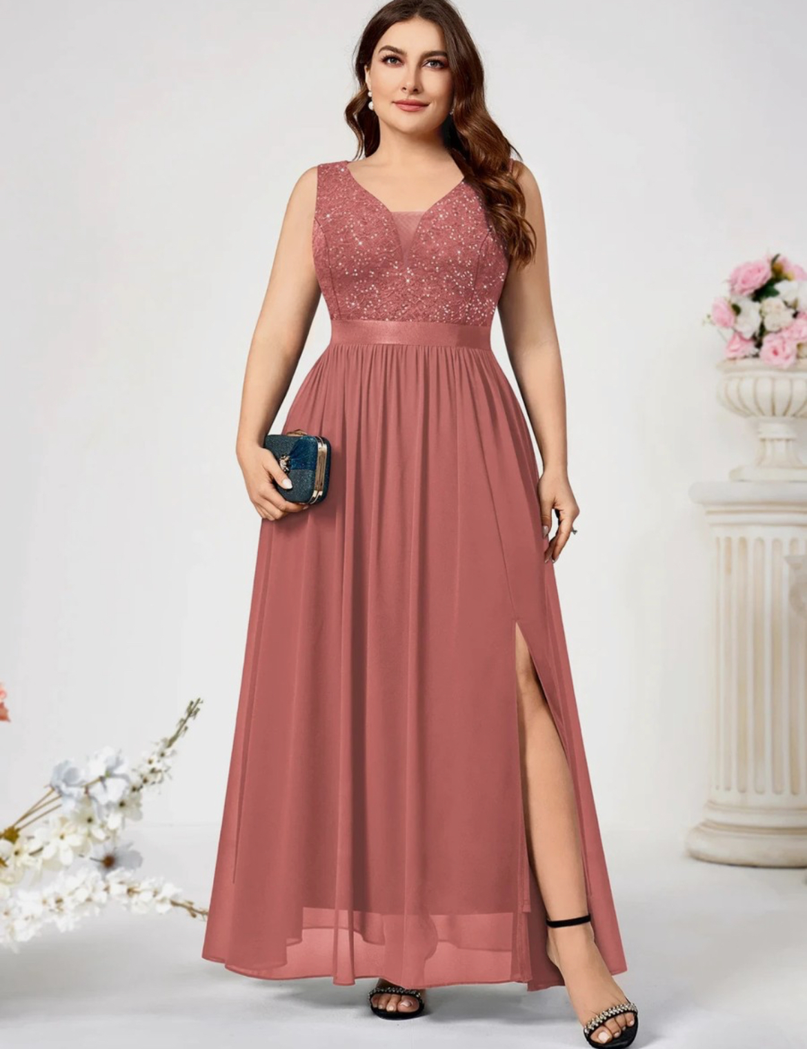 Deep V-Neck Sequin Floral Lace Maxi Sleeveless Dress